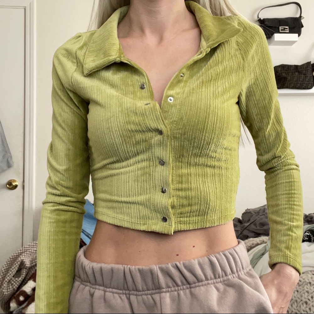 Pacsun Green Fuzzy Velvet Ribbed Button Up Snap Polo Top